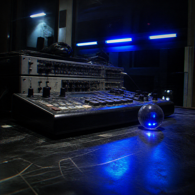 A black drum machine and brushed-metal rack units sit on a scuffed studio table beside cobalt lights and a glass orb.