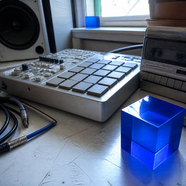 Silver sampler pads, a cassette deck, patch cables, and a cobalt acrylic cube sit in a bright working studio.