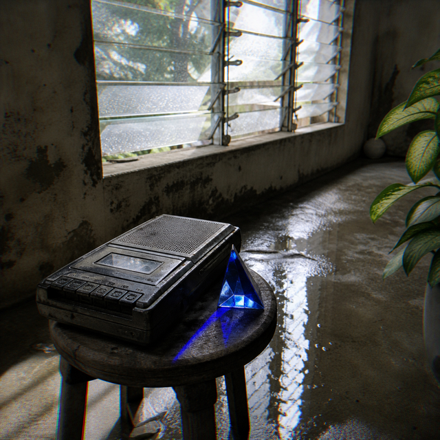 A battered cassette recorder rests on a stool in a rain-lit concrete room beside a cobalt glass prism and the edge of a plant.