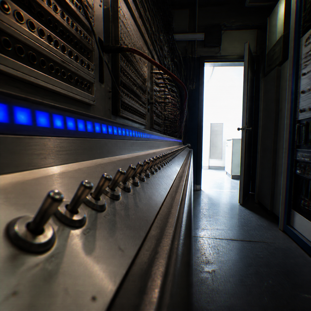 Patch bays and physical switches lead toward a bright doorway beside a thin cobalt indicator line.
